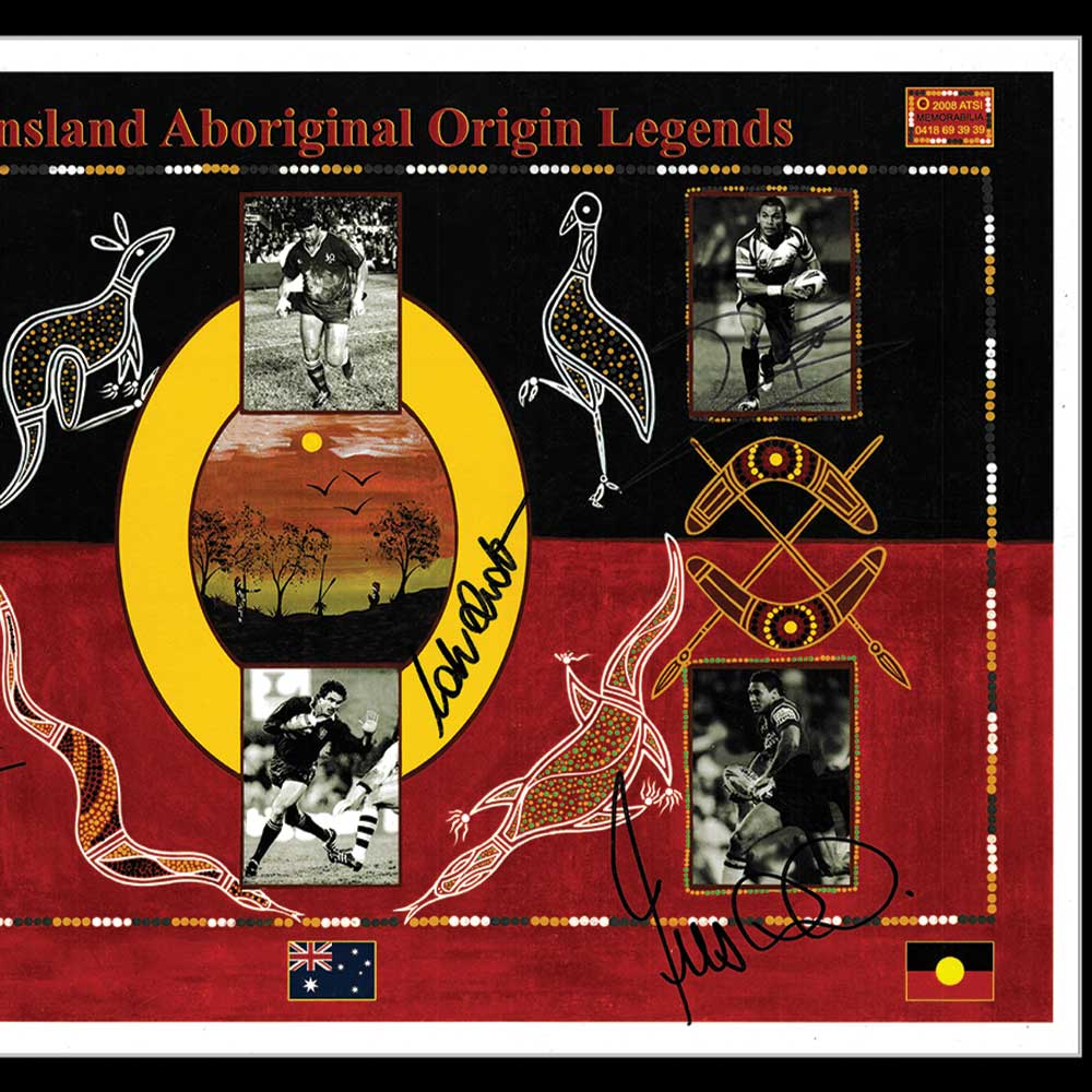 Queensland Maroons State Of Origin Aboriginal Greats Multi Signed Print Framed