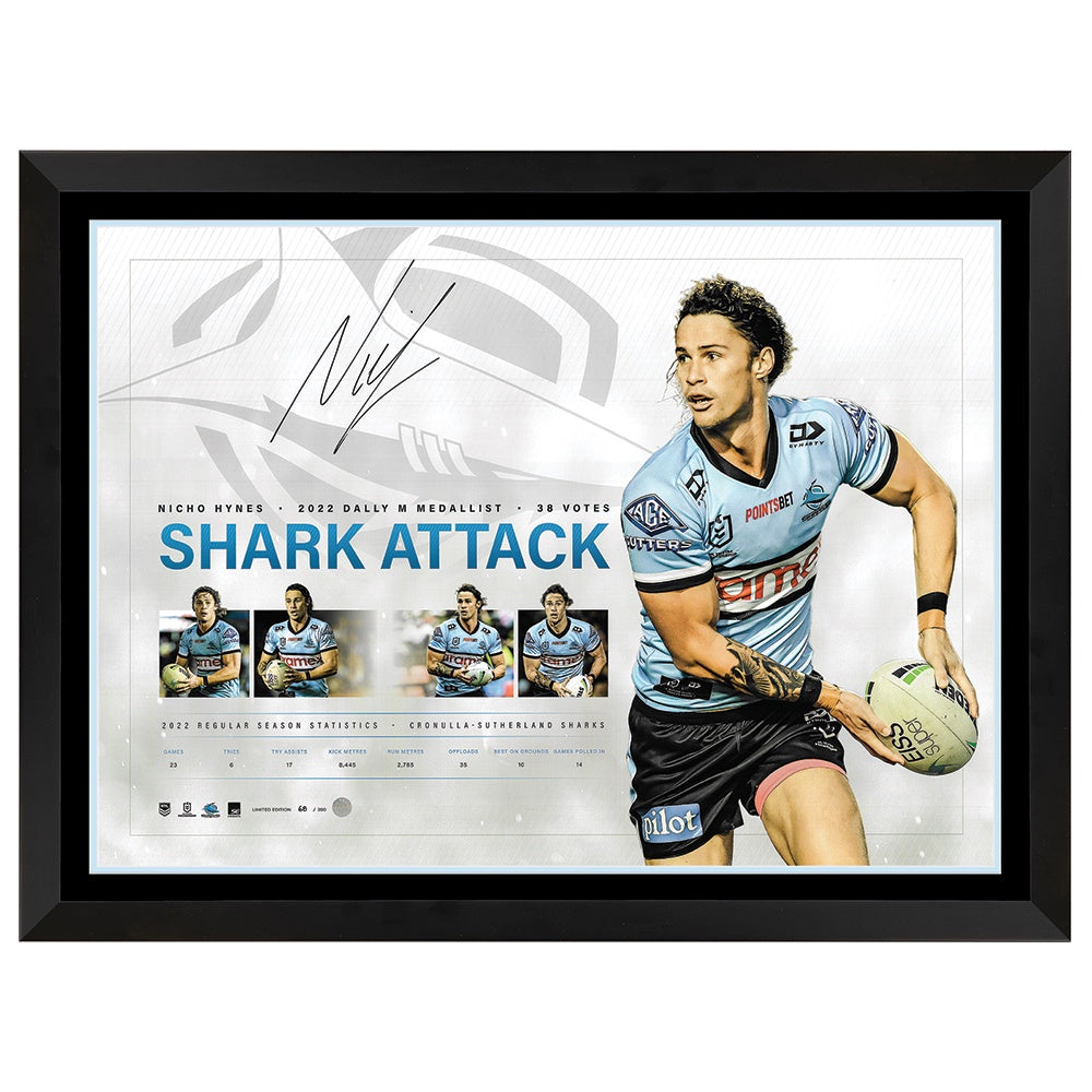 Cronulla Sharks Nicho Hynes Shark Attack 2022 Dally M Signed Print Framed
