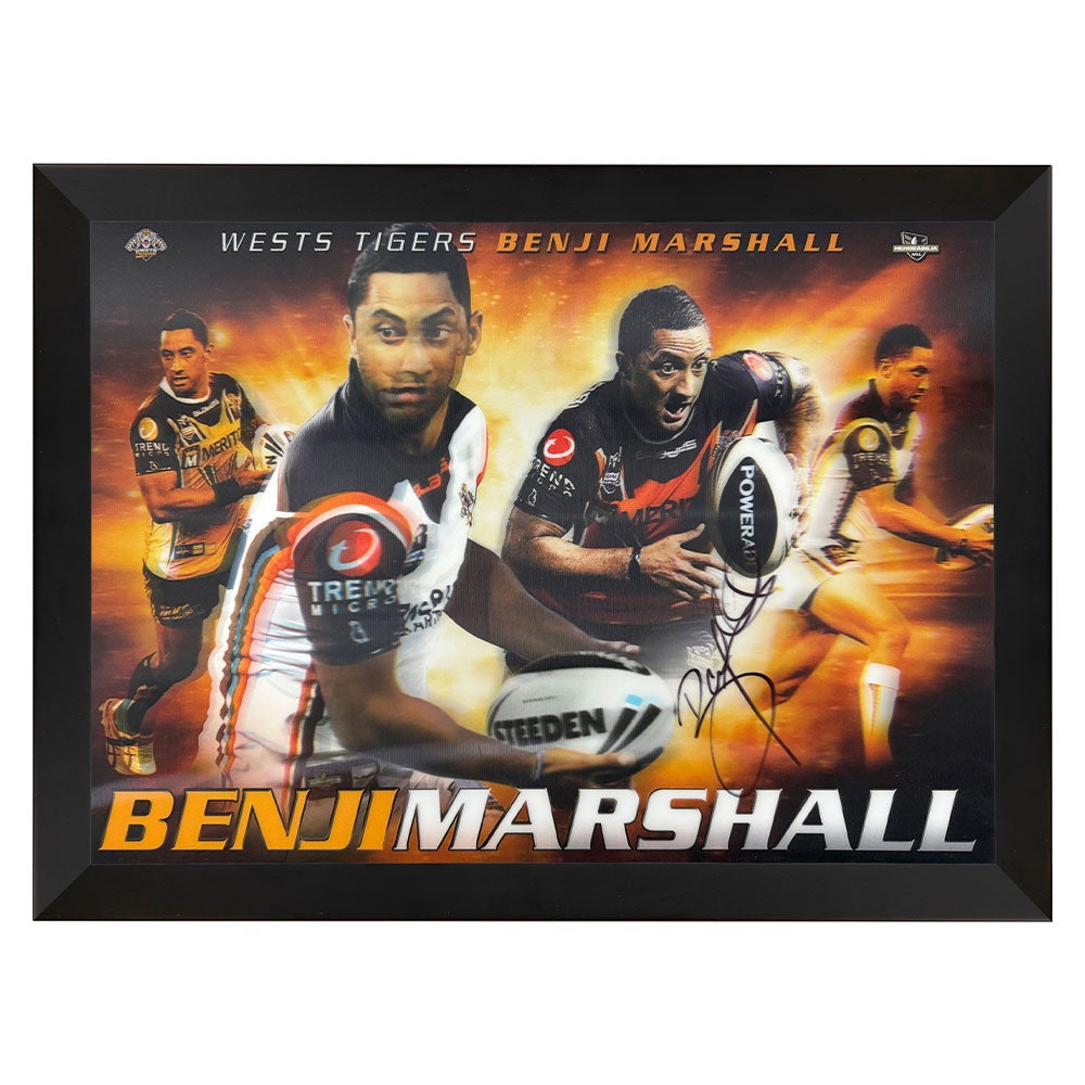 West Tigers Benji Marshall Signed Lenticular Print Framed