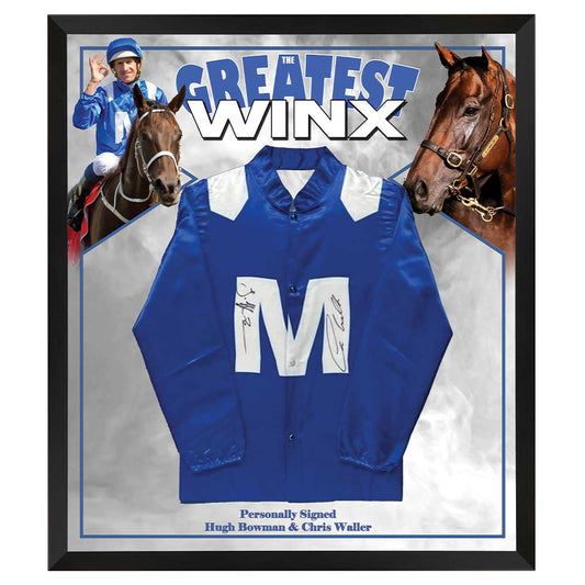 Winx Signed Framed Racing Silk – Hugh Bowman & Chris Waller