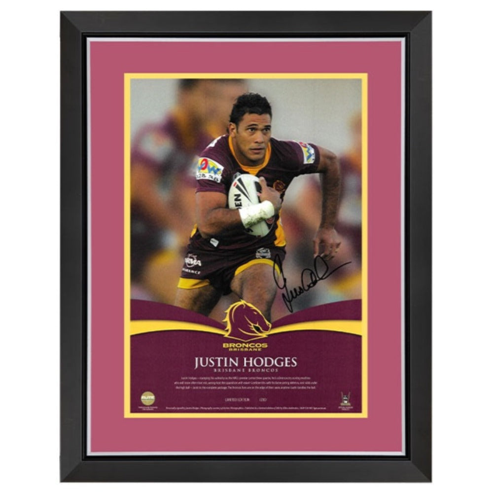 Brisbane Broncos Justin Hodges Signed Elite Print Framed