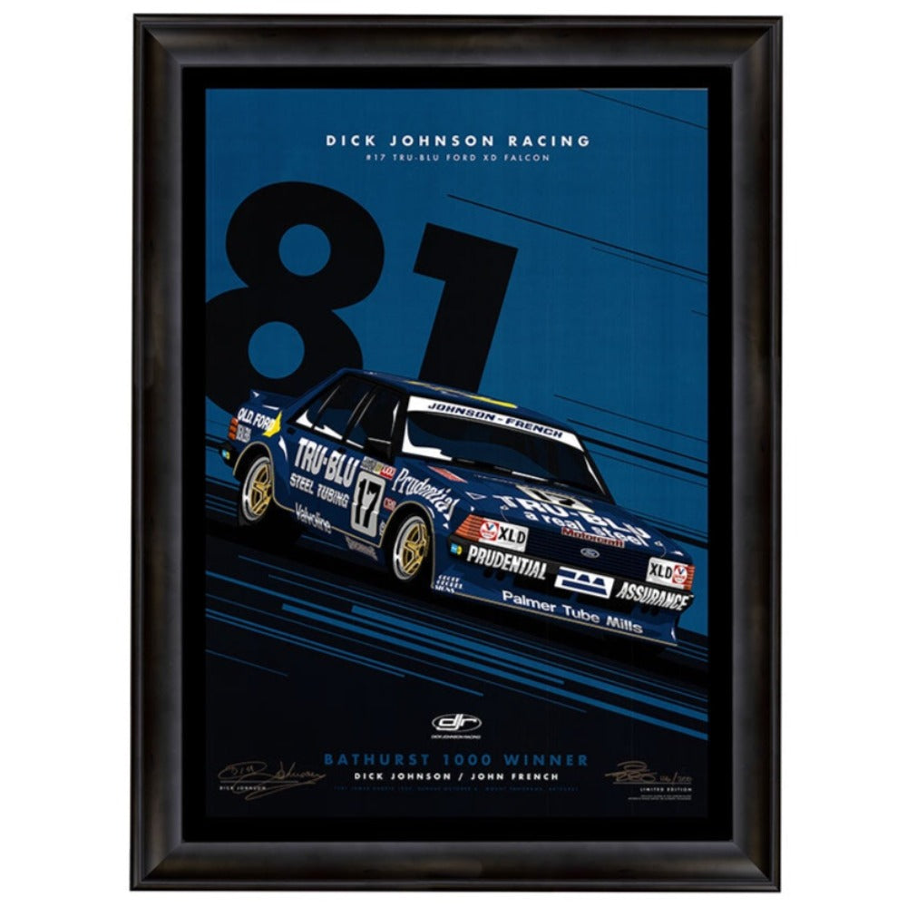 Dick Johnson Racing Tru-Blu Ford Falcon XD 1981 Bathurst 1000 Winner Blue Limited Edition Signed Print Framed