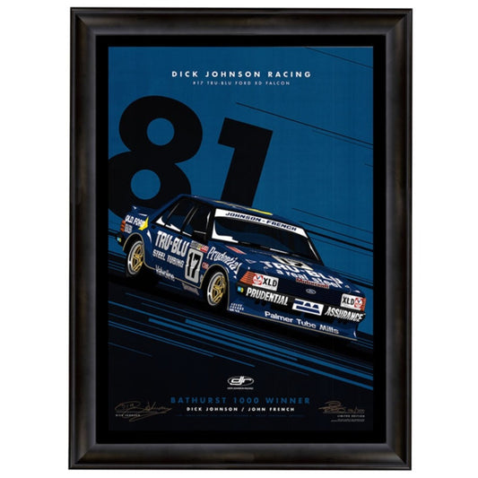 Dick Johnson Racing Tru-Blu Ford Falcon XD 1981 Bathurst 1000 Winner Blue Limited Edition Signed Print Framed