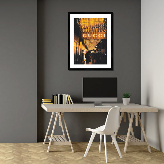 Gucci At Night Art Print Black Framed