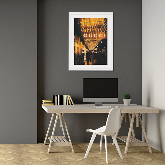 Gucci At Night Art Print White Framed