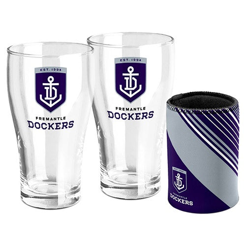 FREMANTLE DOCKERS SET OF 2 PINT GLASSES & CAN COOLER