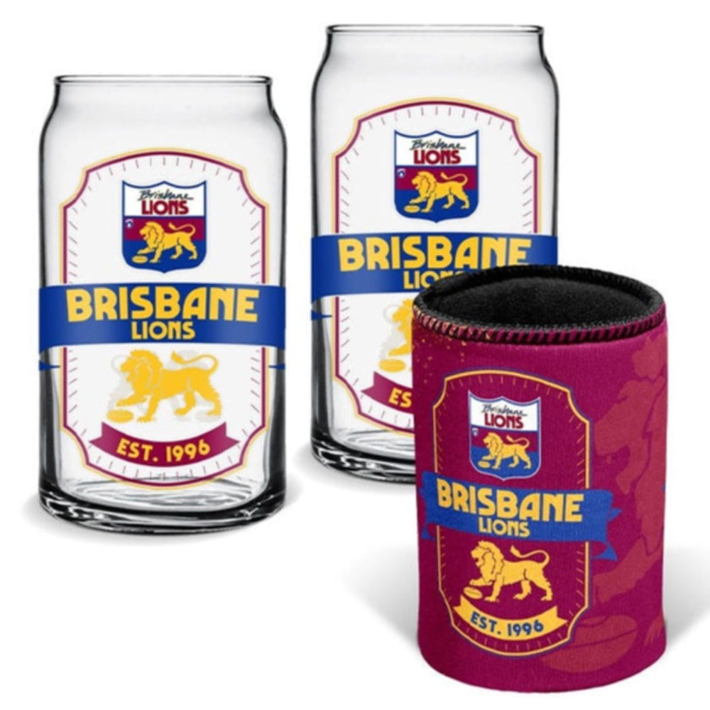 Brisbane Lions Set of 2 Can Shape Glasses & Can Cooler Set