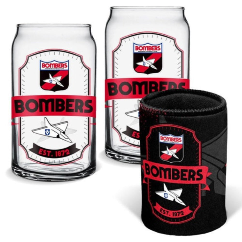 Essendon Bombers Set of 2 Can Shape Glasses & Can Cooler Set