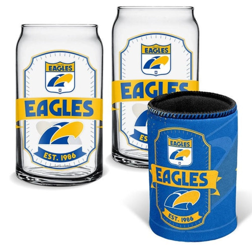 West Coast Eagles Set of 2 Can Shape Glasses & Can Cooler Set