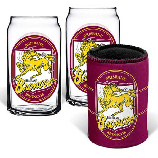 Brisbane Broncos Set of 2 Can Shape Glasses & Can Cooler Set