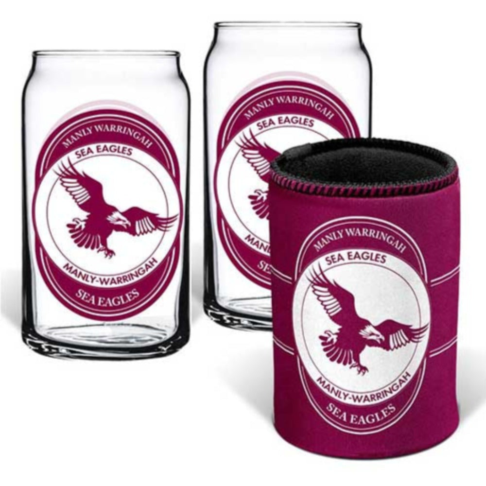 Manly Sea Eagles Set of 2 Can Shape Glasses & Can Cooler Set