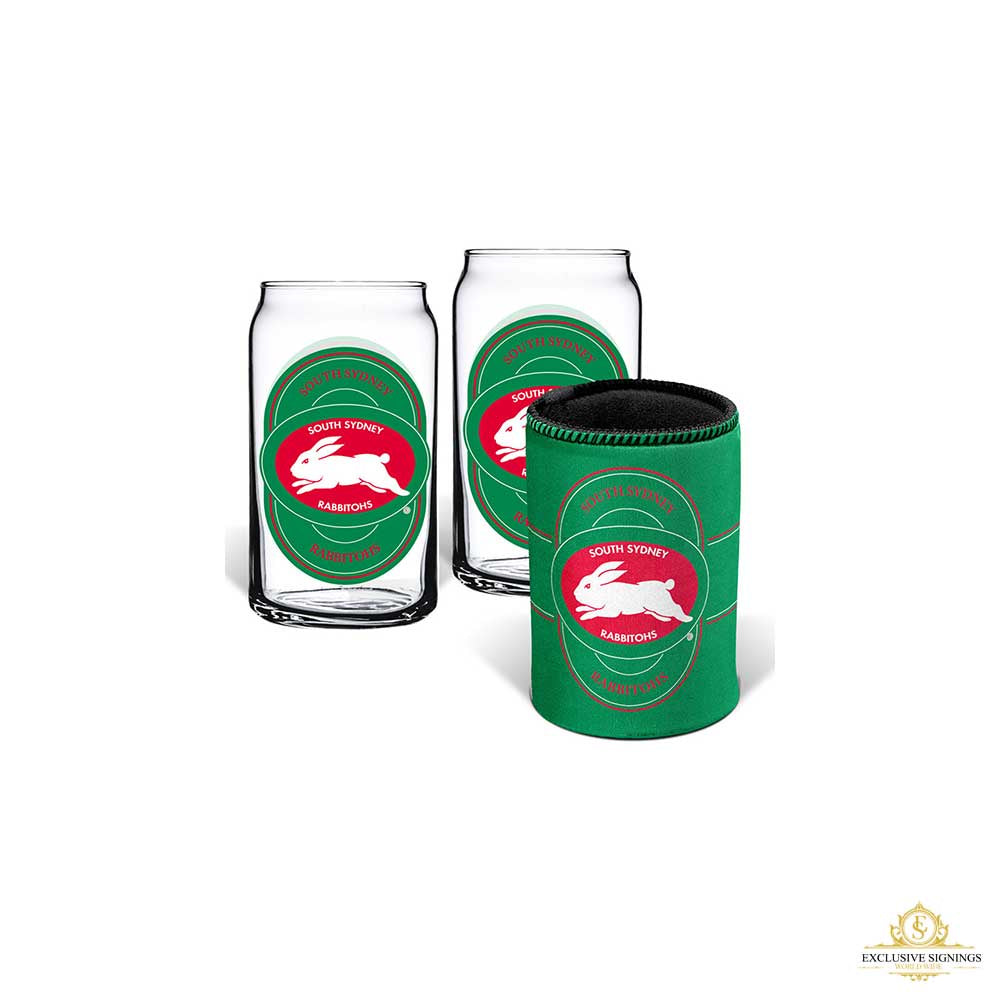 Rabbitohs Set of 2 Can Shape Glasses & Can Cooler Set