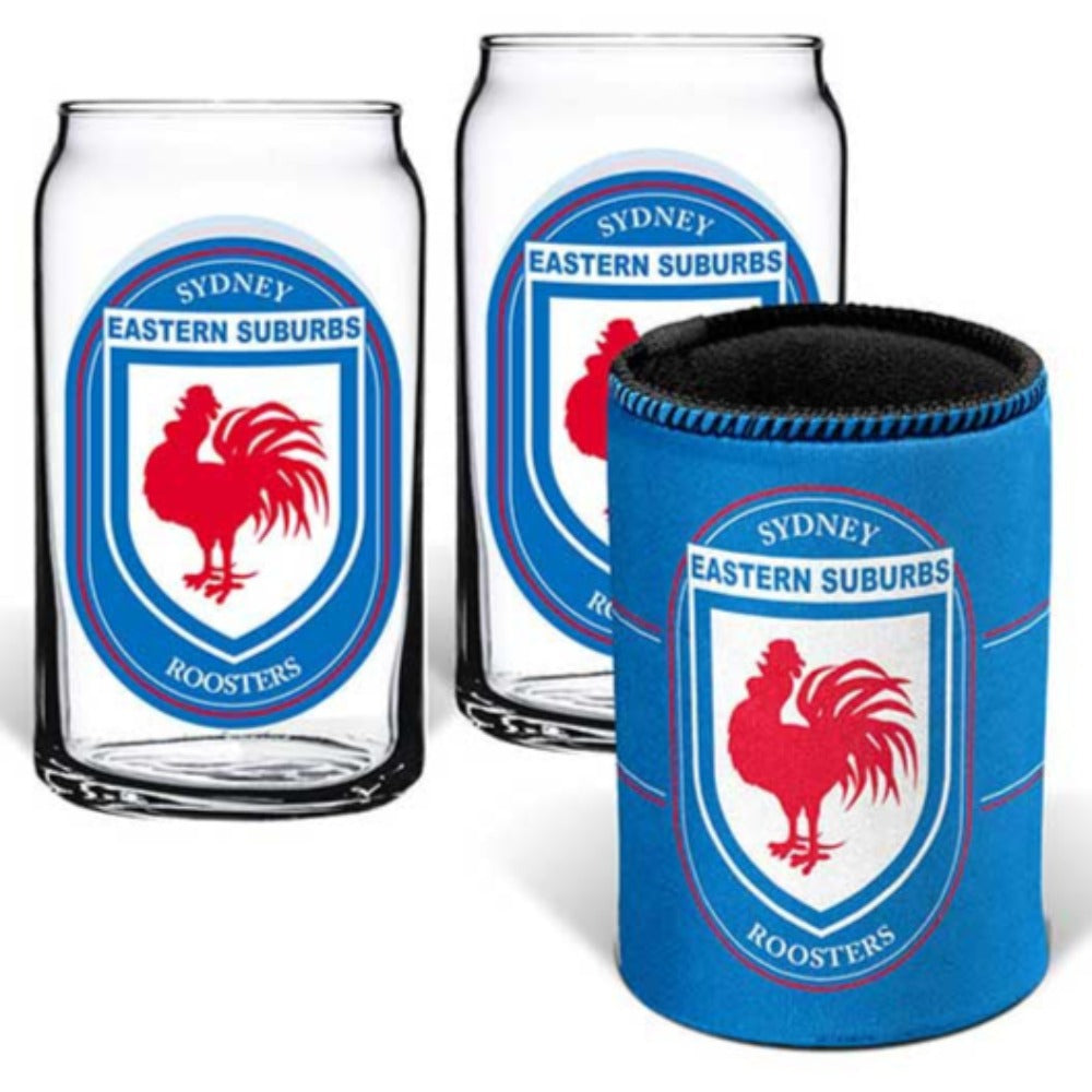 Sydney Roosters Set of 2 Can Shape Glasses & Can Cooler Set
