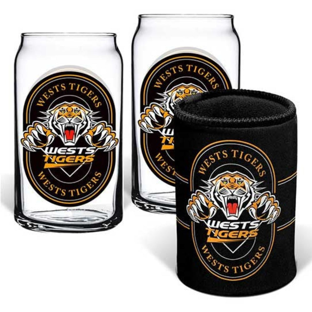 West Tigers Set of 2 Can Shape Glasses & Can Cooler Set