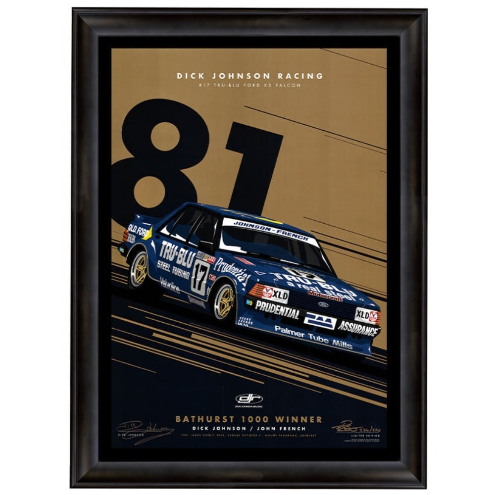 Dick Johnson Racing Tru-Blu Ford Falcon XD 1981 Bathurst 1000 Winner Gold Limited Edition Signed Print Framed