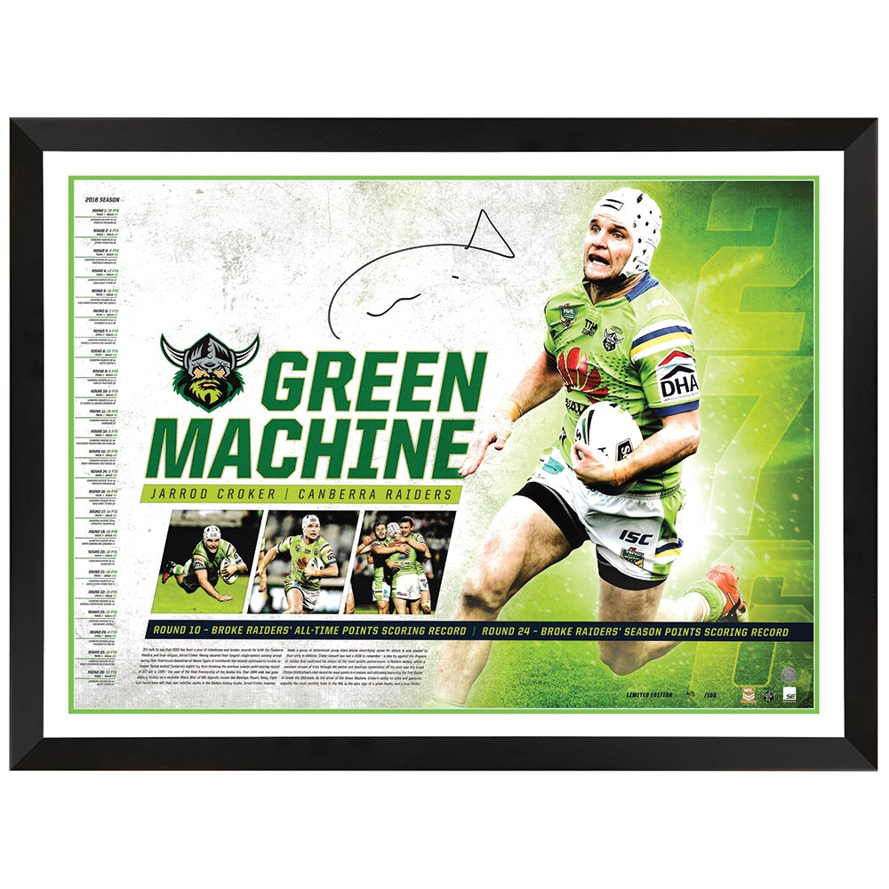 Canberra Raiders Jarrod Croker Green Machine Signed Print Framed