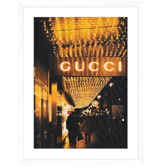 Gucci At Night Art Print White Framed