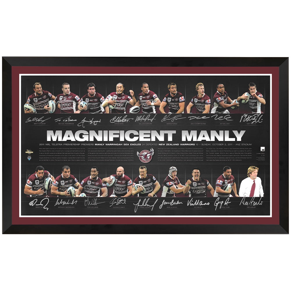 Manly Sea Eagles 2011 Premiers Magnificent Manly Team Signed Print Framed